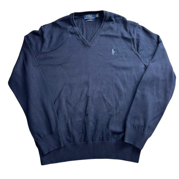 Men's Polo Ralph Lauren Pima Cotton V Neck Sweater Navy Size Medium Preppy - Picture 1 of 6
